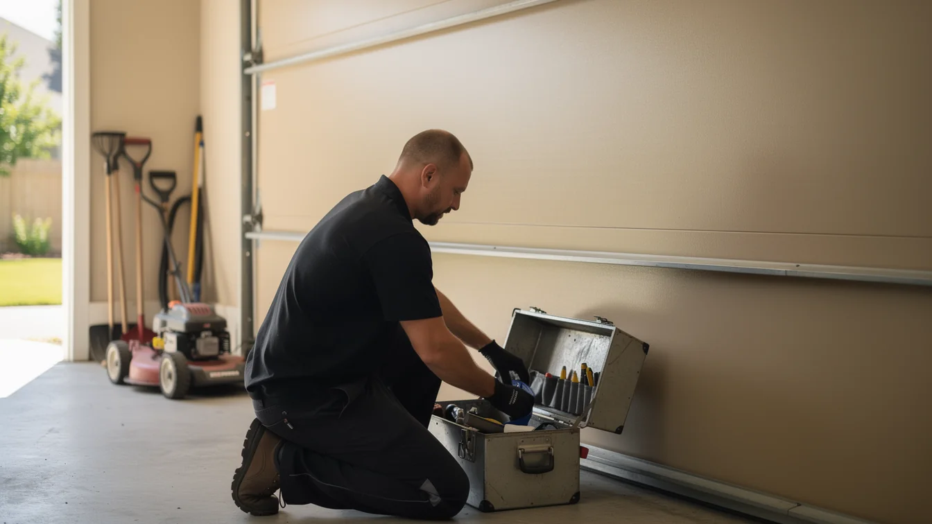 A technician kneels on a garage floor, reaching into an open toolbox.