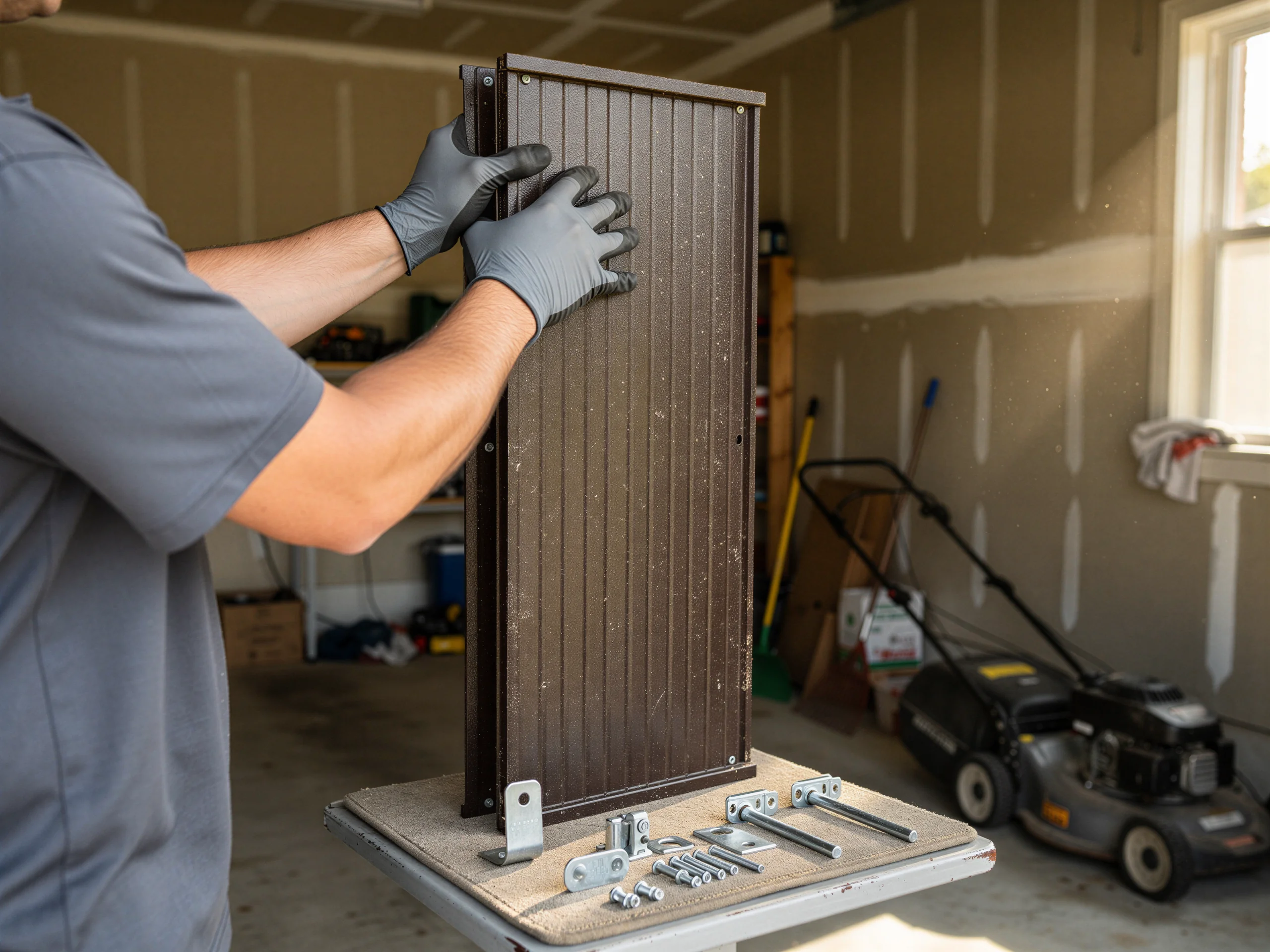 A technician wearing gloves is assembling a brown garage door panel in a garage.