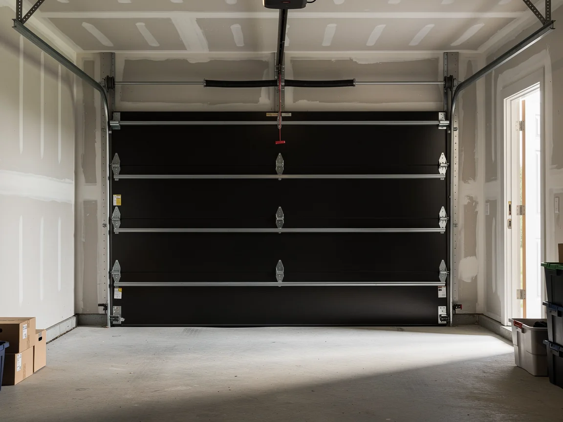 A closed black garage door is inside a garage with unfinished walls.