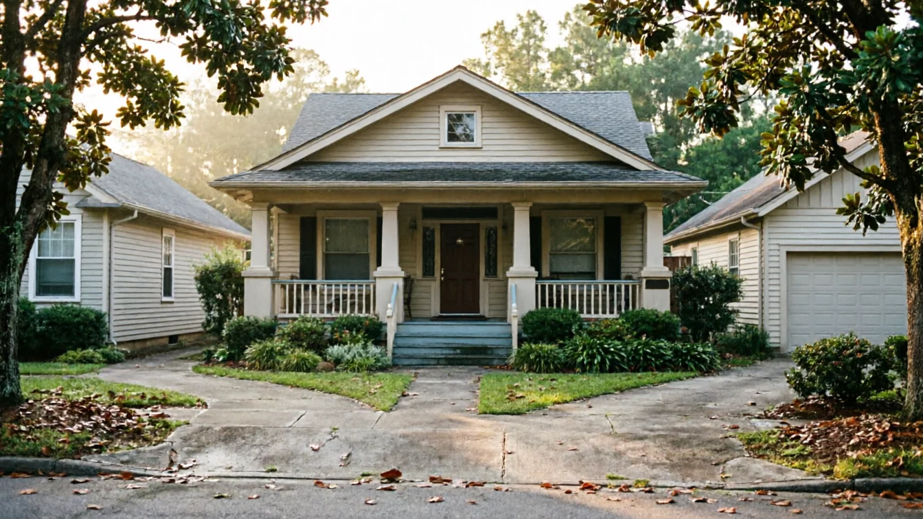A light-colored house with a porch and a garage is seen through trees.