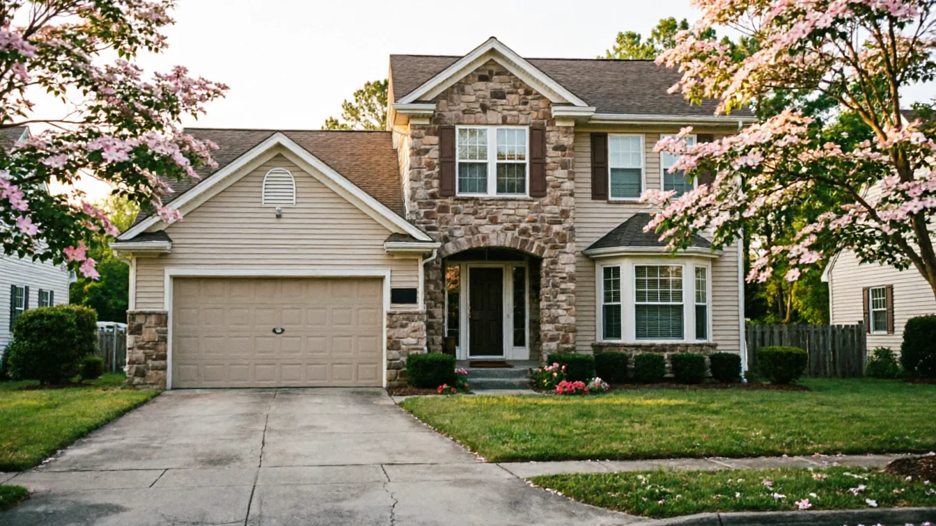 The house has a beige garage door, stone facade, and blooming pink trees.