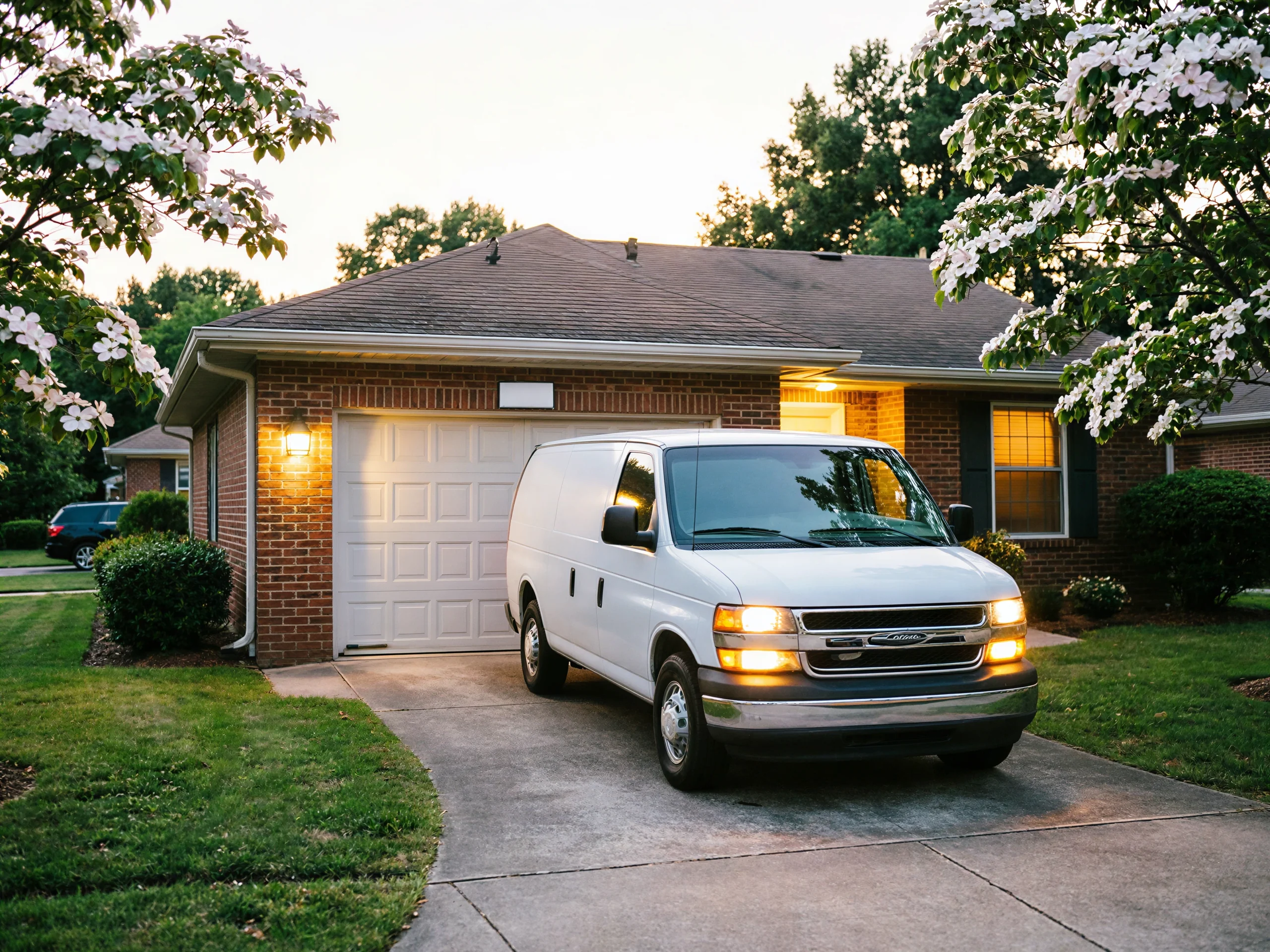 A white van is parked in a driveway in front of a brick house with a white garage door.